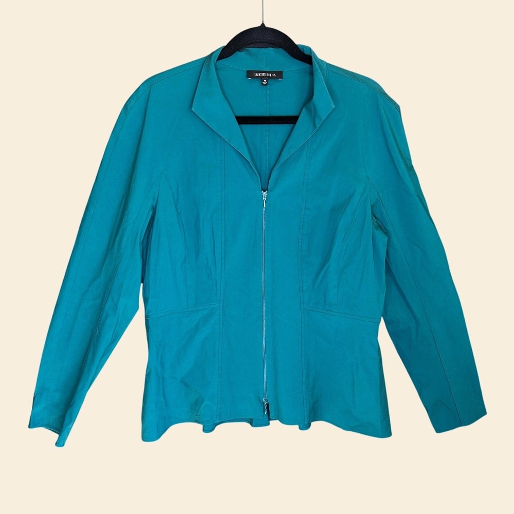 Lafayette 148 Teal Long Sleeve Zip Up Shirt Sz 14 Businesscore Career Minimalist